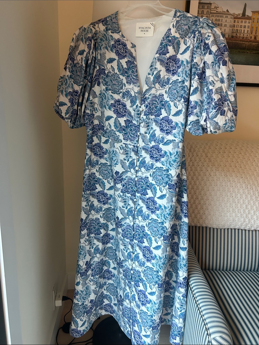 Tuckernuck Blue and White Floral Puff-Sleeve Midi Dress